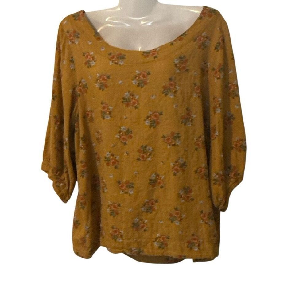 Mustard Yellow Floral Long Sleeve Top | Boho Peasant Blouse | XL | 100% Cotton